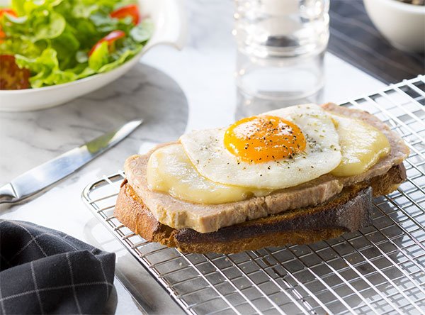 French grilled cheese named Croque Monsieur made with hénaff Pork Pate