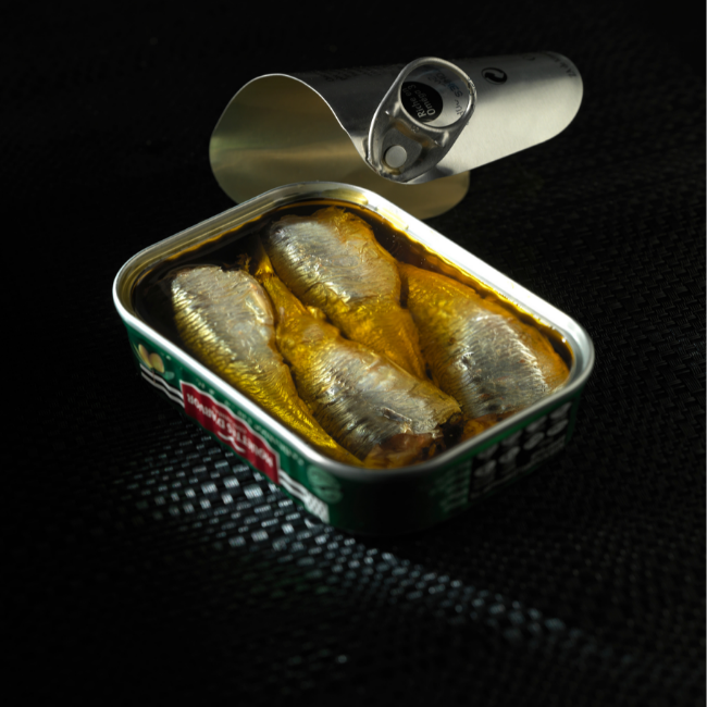 Opened french canned sardines in extra virgin olive oil from Cannery Gonidec