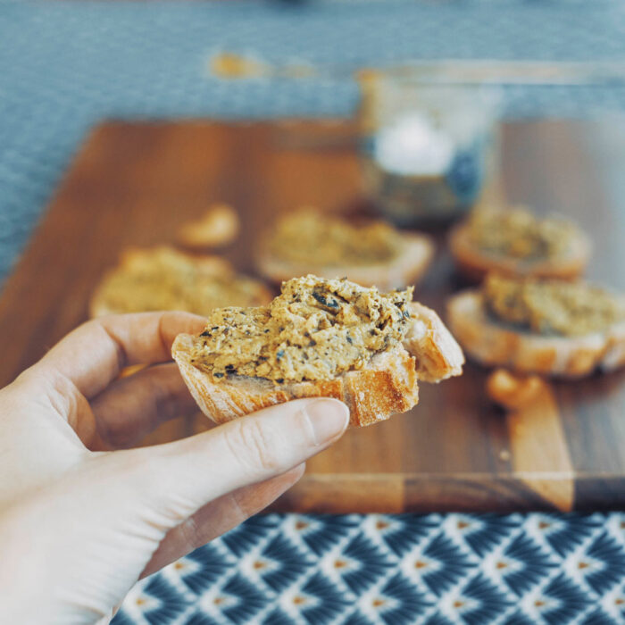 French Zucchini grilled cashews and basil spread p, a