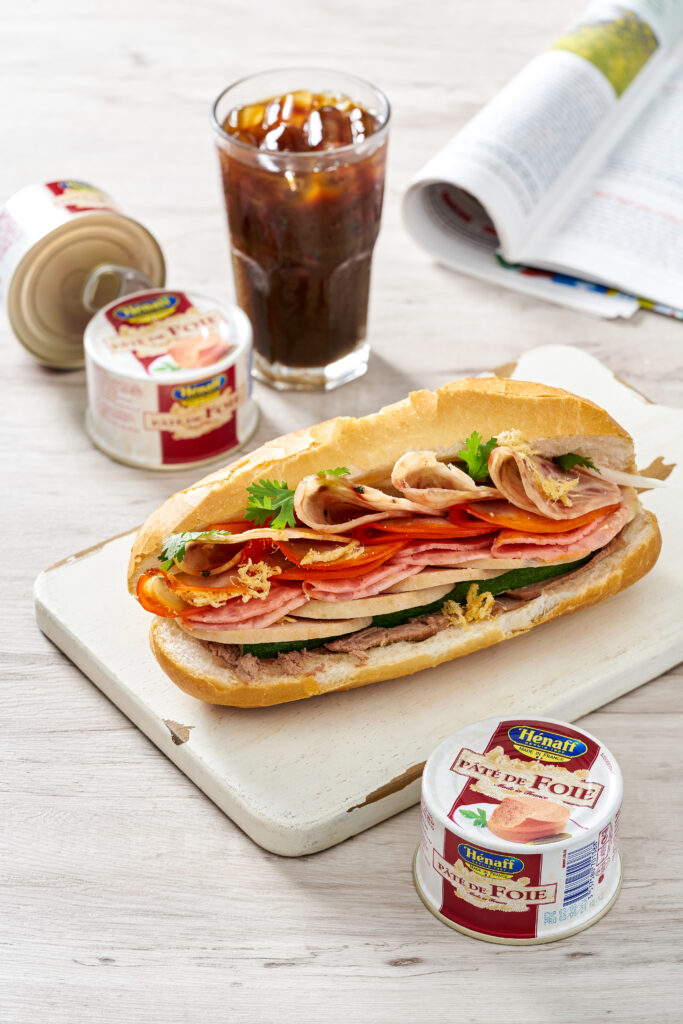 Banh mi, Vietnamese spicy sandwich made with french canned meat product, Hénaff Liver Pâté in ca 130g