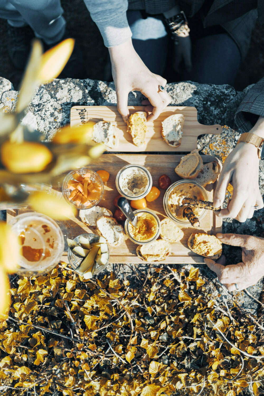 Appetizer board with tomatoes, raw carrots, crackers and vegetables spreads made by the french company Jean hénaff