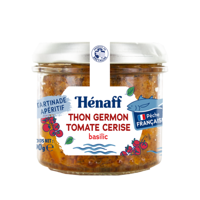 White tuna spreads with cherry tomatoes and basil in glass jars 902g