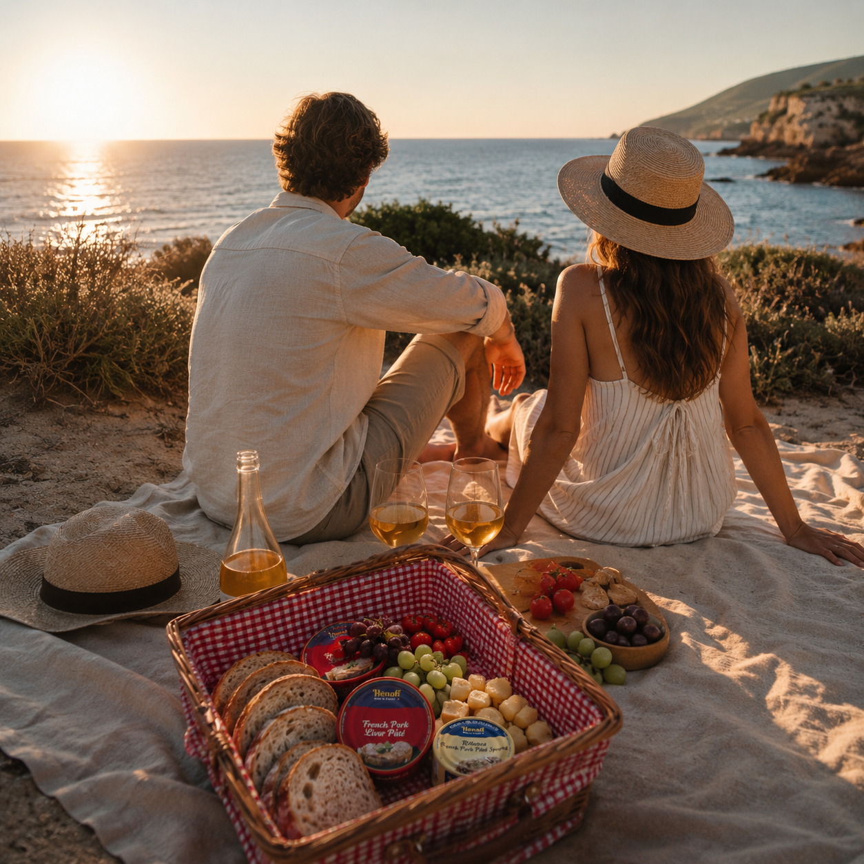 Two person on the beach ith a picnic wih Hénaff canned meat products